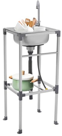 Lavabo autoportante in acciaio inox, con rubinetto per acqua fredda, lavabo, lavabo, lavabo, lavabo, lavandino a mano, bagno, cucina, lavandino da incasso, montaggio fai da te, colore: argento