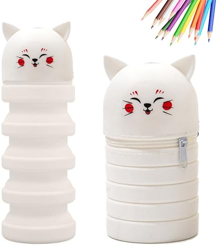 MPXEAVG 2 in 1 Weiche Silikontasche Kawaii Federmäppchen, Stiftetasche Buntstifte Marker, Cartoon Federmäppchen, Stand Up Federmäppchen, Niedliche Schulbedarf, Klappeimer (Liebe Katze)