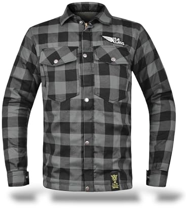 TLA GRID chemise de moto avec protections, veste en flanelle à carreaux avec renforts en aramide, unisexe pour Homme et Femme, veste vintage pour scooter, avec fermeture éclair et boutons, Gris, M