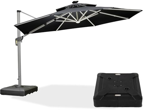 PURPLE LEAF Sonnenschirm mit Ständer Ampelschirm Ø 365 cm mit LED Beleuchtung Marktschirm Groß 360° Rotation, Gartenschirm XXL mit Kurbel, Sonnenschutz UV50+, Grau