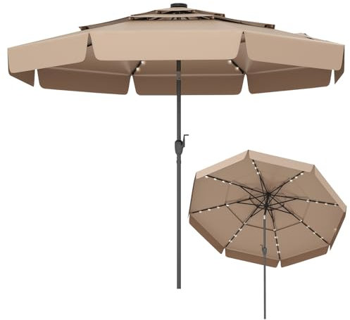 KOMFOTTEU Ombrellone Ø 300 cm con 32 luci LED, ombrellone da giardino pieghevole a 35°, ombrellone da terrazza con manovella e balze, ombrellone per giardino, terrazza e spiaggia, marrone
