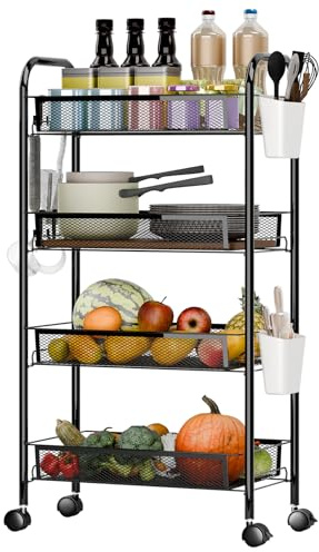 Sinuyie Práctico carrito de almacenamiento apilable de 4 niveles para verduras y frutas con ruedas maniobrables de 360 grados, cestas de malla de metal, perfecto para almacenamiento ordenado de cocina