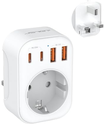 JSVER Reiseadapter UK - Adaptador de enchufe de Reino Unido con 4 puertos USB (2 USB C PD 20 W), adaptador de enchufe tipo G para Inglaterra, Irlanda, Dubai, Maldivas, HK, Singapur