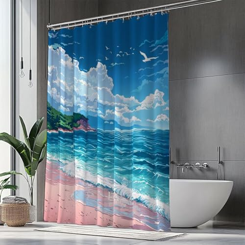 Duschvorhang Meer Duschrollo für Badewanne,80x200 Duschrollo Strand Shower Curtains Wasserdicht,Waschbar Polyester Stoff Duschvorhänge mit Ösen und 12 Ringen für Badezimmer,Badewanne,Geschenke H1-992