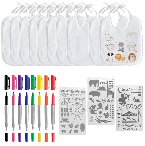 Wqafe 10 Stück Baby Lätzchen zum Bemalen, 24 * 20 cm Baby Lätzchen aus Baumwolle Doppelseitig mit 8 pcs Farbigem Textilstift 4pcs Malen Schablonen für Babyshower Party