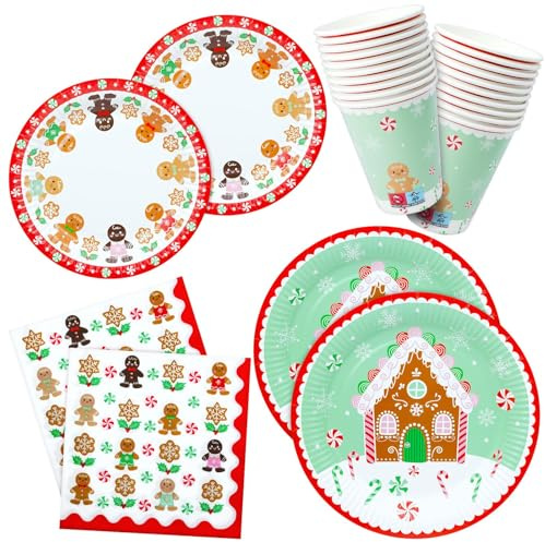 HNH Weihnachten Pappteller Servietten Set 100 Stück Lebkuchenhäuser Party Papierservietten Dessertteller Partygeschirr