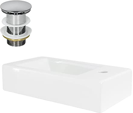 LuxeBath Waschbecken aus Keramik Weiß 460x260x110 mm eckig mit Ablaufgarnitur Silber, Einbauwaschbecken mit Hahnloch rechts, Aufsatzwaschbecken Einbauwaschtisch Waschschale Waschplatz Handwaschbecken