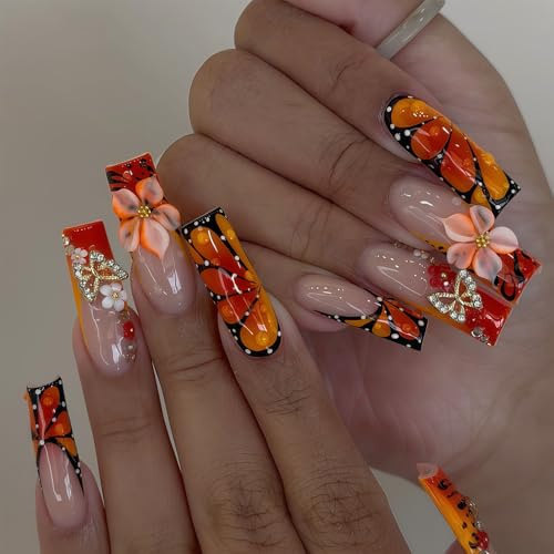 Auroriel 24 Stück Lange Quadratische Press on Nägel Rot-Orange mit 3D Schmetterling und Blumen Handmade Design Wiederverwendbar für Frauen Maniküre