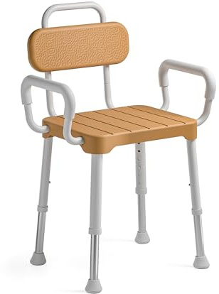 Loyoda Shower Chair for Inside Shower ，Bath Chair with Arms and Back,Aluminum Shower Stool for Tub,Slip Resistant Shower Bench,Height-Adjustable Shower Seat with Padded Handles for Seniors，Brown