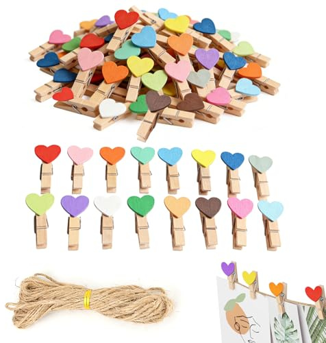 Mini Pinces À Linge en Bois Naturel, 70 Pièces Colorées avec Ficelle, Accessoires Décoration Polyvalents pour Photos, Mariage, Noël, Saint Valentin, Loisirs Créatifs Et Organisation Maison