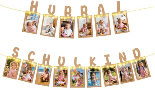 Seutgjie Fotogirlande Schulkind Deko Einschulung Mädchen Junge mit Licht | Girlande Schulanfang mit LED-Lichterkette 15 Glitzerkarten für Fotos Schulstart Deko 2026
