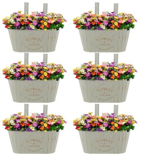 6Pcs Metal Hanging Flower Pots Oval Railing Planter with Drainage Vintage Rustproof Balcony Bucket Pots Decorative Wall Brackets Holder for Fence Balcony Garden Wall Home Decor Outdoor Patio(6pcs)