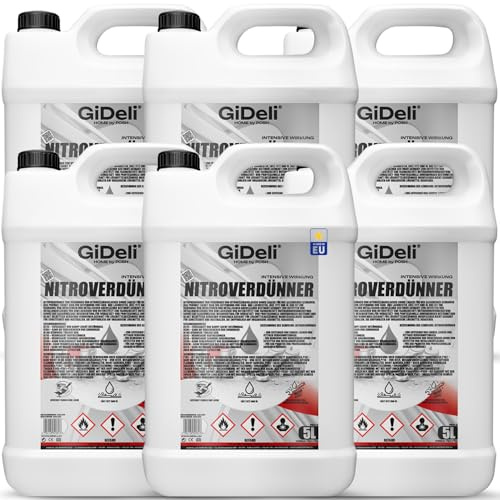 GiDeli Nitroverdünner 6 x 5L - Leistungsstarke Universeller Nitroverdünnung zum Reinigen von Pinseln und Malwerkzeugen - für Farben und Lacke - für Werkstatt- und Renovierungsarbeiten