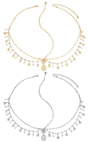 JININOSEU 2 Stück Kopfschmuck Haarkette, Verstellbare Göttin Kopfkette Gold und Silber, Wahrsagerin Accessoires Strass Muscheln Quaste Haarkette, Boho Festival Kostüm für Partys, Hochzeiten