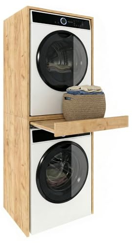 möbelkap ModernHome estantería para Lavadora y Secadora | Armario Tipo Torre de Lavado con Bandeja extraíble | Mueble para lavadero | Roble Craft Gold | Armario con Espacio de Almacenamiento
