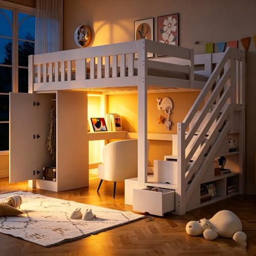 Mrwoo Hochbett 140x200 cm, Holzbett Jugendbett mit Stauraum, Treppe, Bank, Kleiderschrank, Schreibtisch mit Euro-Steckdose, LED-Leiste & Sicherheitsgeländer, Weiß (ohne Matratze)