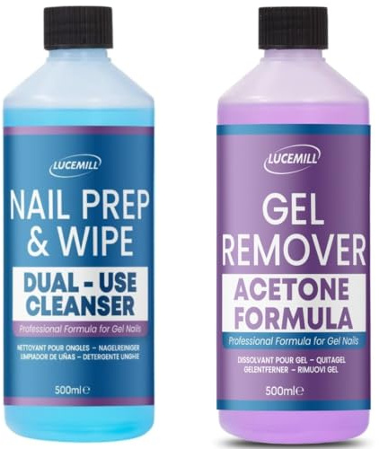 Lucemill 500ml Prep & Wipe + 500ml Remover Set | Gel & Nail Polish Remover with Acetone | Professional Cleanser for Gel Polish