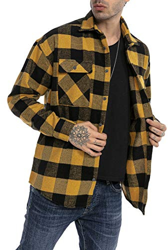RED BRIDGE Camisa Casual para Hombres Blusa a quadros Chauqueta Plaid Shirt Vintage Amarillo-Negro XXL
