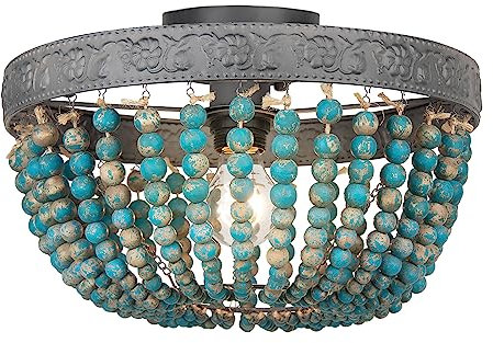 FIRVRE 1-Ligero Gris Azul Lámpara de Techo de Cuentas de Madera Natural Retro E27 Bohemian Esférico interior candelabro casa de campo Plafón para Comedor Dormitorio Sala de estar Restaurante