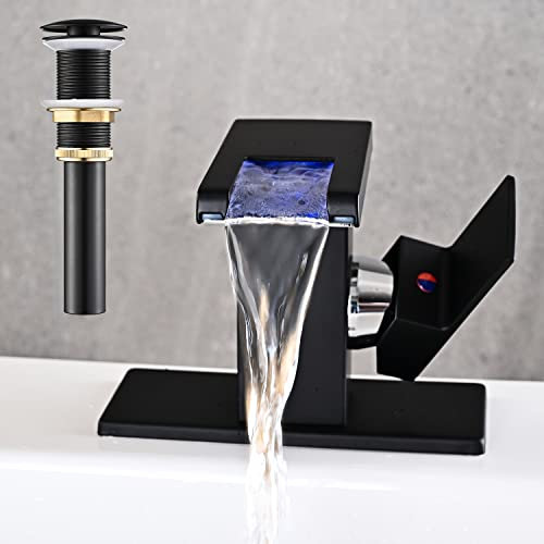 AVSIILE LED Bathroom Sink Faucet, Matte Black Waterfall Single Hole Handle Vanity Faucets for Sinks 1 Hole with Metal Pop Up Drain and 2 Water Supply Lines, Side Handle