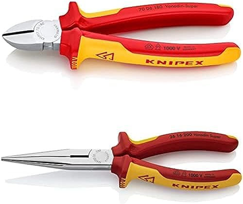 KNIPEX Seitenschneider 180 mm 70 06 180 + KNIPEX Flachrundzange mit Schneide (Storchschnabelzange) 200 mm 26 16 200, beide verchromt, isoliert mit Mehrkomponenten-Hüllen und VDE-geprüft