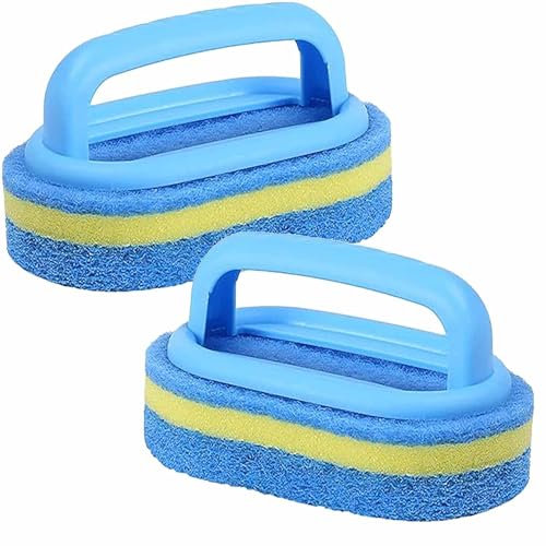 2 Pezzi Spazzola con Spugna per Pulizia Bagno, con Manico in Plastica, Spazzola di Pulizia Multifunzione, Spugna Abrasiva per Cucina, Spazzola per Piastrelle da Parete, perVasca da Bagno, WC (Blu)