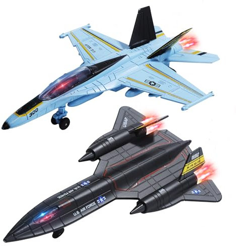 HOLYFUN Doppelte Kampfjet Spielzeug, F18 & SR71 Druckguss Flugzeuge mit Licht & Sound, Rückzieh Militär Flugzeug Spielzeug Geschenk für Kinder & Jungen