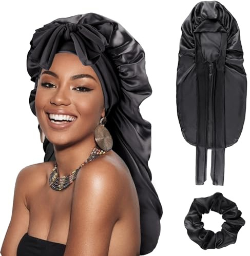 DRESHOW Cuffia Lunga con Treccia di Raso per Donna Cuffia di Seta per Dormire Cuffia per Dormire con Fascia Elastica Cuffia da Notte per Capelli Ricci Lunghi Locs