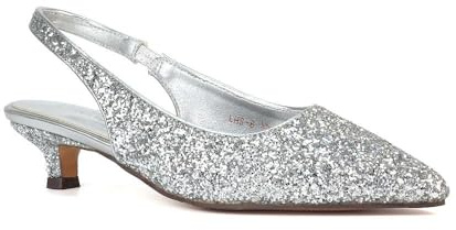 ESSEX GLAM Women's Glitter Slingback Court Shoes Ladies Kitten Low Heel Point Toe Classic Wedding Party Evening Closed Toe Pumps Size 4-8
