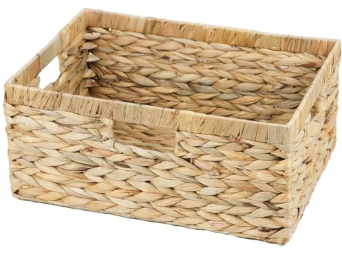 Large Wicker Basket, 15 Water Hyacinth Wicker Storage Baskets for Organizing, Rectangular Storage Baskets for Shelves, Rattan Woven Basket with Built-in Handles, 1 Pack (Natural, Large)