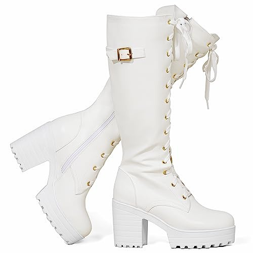 Voviggiw Stivali da donna alla moda con zeppa, stivaletti alti fino al ginocchio, con tacco grosso, allacciati con fibbia e cerniera laterale, stivaletti da biker, bianco, 37.5 EU