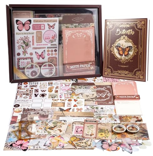 395 Pezzi Vintage Adesivi Decorativi Scrapbooking con Quaderno a Griglia A6, Accessori per Scrapbook Farfalla con Scrapbooking Sticker Regalo Fai da te per Ragazzi e Bambini per Diario Calendario