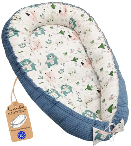 Leanbe Babynest 90x50 cm – Babynestchen für Neugeborene, Nestchen Baby aus Baumwolle & Polyester, Bettnestchen für Winter/Herbst, Baby Nest Set für Indoor & Outdoor (WAFFELSTOFF BLAU)