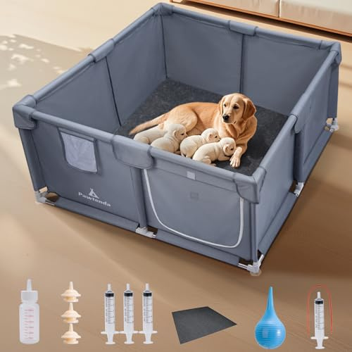 Pawtenda Caja de parto para perros y cachorros, 47 x 47 x 24 pulgadas, corralito de tela Oxford resistente al desgarro con ventosas y kit de cuidado de cachorros de 5 piezas para perros de raza