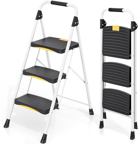 Urackify Step Ladder, 3 Steps, Folding Steel Step Stool with Safety Lock & Handrail, Anti-Slip Wide Pedals, 150 kg Load Capacity, Portable Ladder for Kitchen, Office, Home