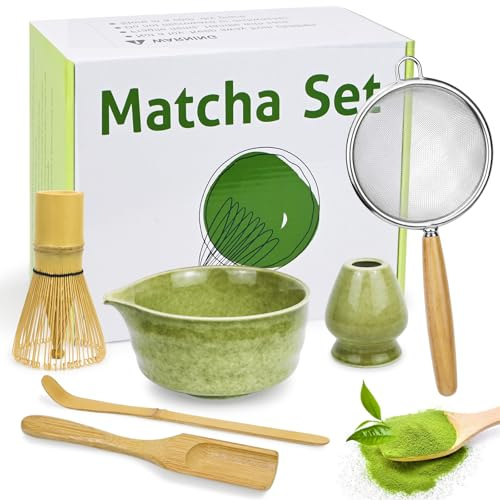 Jukibole Matcha Set 6-Teilig, Traditionelles Macha Tea Set mit Bambus Besen, Keramik Schale, Besenhalter, Löffel, Sieb, Matcha Tee Set Geschenk für Matcha-Liebhaber und Anfänger, Grün
