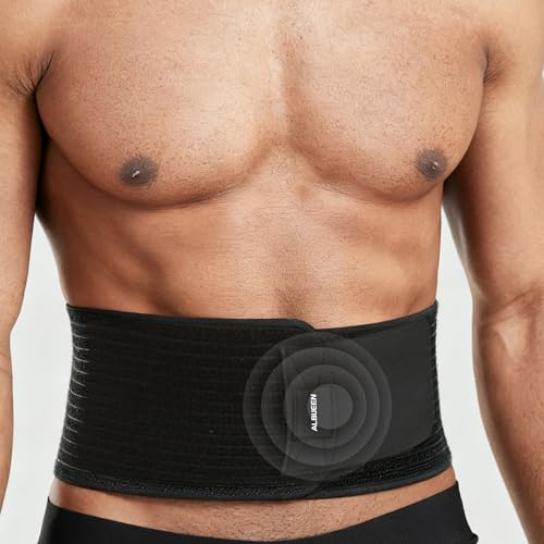 ALBUEEN Umbilical Hernia Belt for Men and Women,Abdominal Support Binder with 2 Compression Pads for Navel Ventral Epigastric Incisional and Belly Button Hernias Surgery Prevention Aid(Black L-XL)