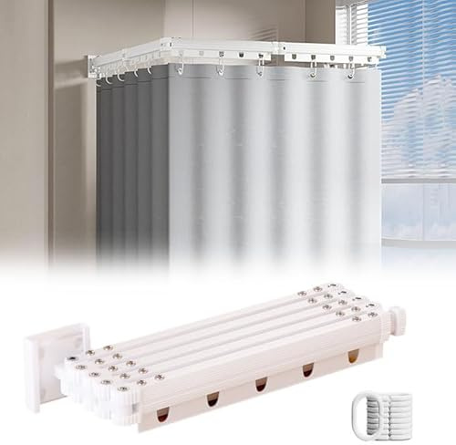 Asta pieghevole per tenda da doccia con tenda da doccia (1,8 x 2 m), montaggio a parete, asta per tenda angolare con 12 anelli, 5 pieghe, asta per tenda da doccia pieghevole per bagno senza fori