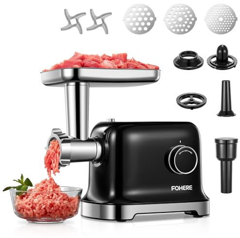 FOHERE Tritacarne Elettrico, 2000W Alta Potenza Tritacarne con 2 Lama di Taglio, 3 Piastra di Taglio (7MM/5MM/3MM), Tubo per Salcicce, Forma per Kubbe, Professionale Tritacarne Domestico, Nero