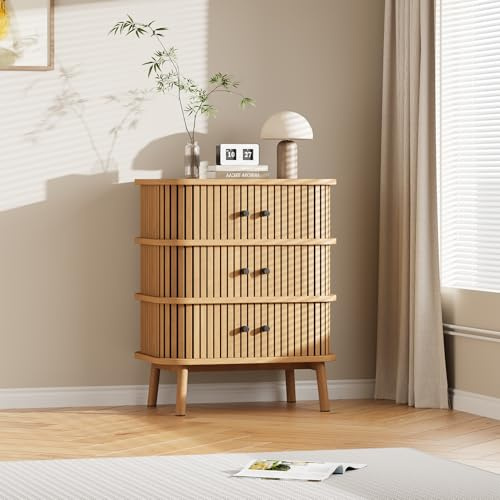 Aptliton Mid-Century Modern 3-Drawer Storage Cabinet with Sliding Door, Natural Wicker & Wooden Legs Dresser, Bedside Table for Bedroom, Hallway, or Living Room