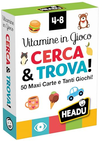HEADU - Carte Vitamine in Gioco Cerca & Trova -50 Maxi Cards e Tanti Giochi |Carte Illustrate Bambini 4-8 anni, Giochi di Osservazione e Memoria, Attenzione e Concentrazione, Idea Regalo Natale Pasqua