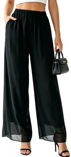 Neteson Pantalones Mujer Verano Elegante Pantalones Palazzo Anchos de Gasa | Pantalones Largas Elástica Cómodos Pantalones Playa Casual con Bolsillos