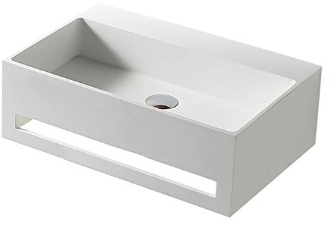 Bernstein Waschbecken TWG02-60 x 40 x 20 cm Weiß Matt - Mineralguss Solid Stone - Eckiges Hänge-Waschbecken mit integriertem Handtuchhalter - Wand-Waschtisch für Aufsatz- und Unterputzarmatur