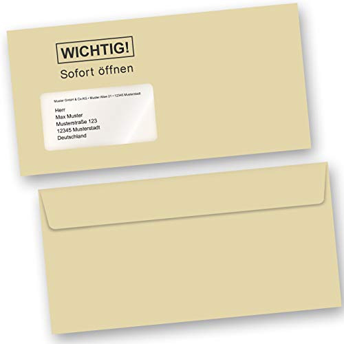 TATMOTIVE Briefumschläge 100 Stück DIN lang | Mit Fenster und haftklebend, Wichtig sofort öffnen, 110 x 220 mm, 80 g/qm, Farbe beige-gelb für Inkjetdrucker geeignet