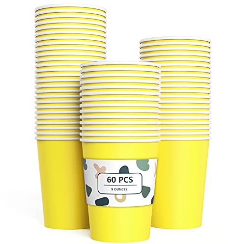 YANGTE 60 Stück gelbe Pappbecher, Einweg-Partybecher, biologisch abbaubar und kompostierbar, Trinkbecher für Party, Geburtstag, DIY, 250 ml (gelb)