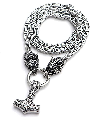 Leprato Men Wolf Head Thor Mjolnir Necklace Stainless Steel Norse Viking Thor Hammer Pendant King Chain Viking Amulet Necklace Viking Gifts