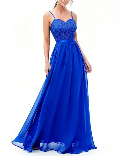 DRESSTELLS Vestido de Noche Largo para Mujer con Tirantes Ajustables y Encaje Floral, Vestido de Dama de Honor para Bodas Azul Real S