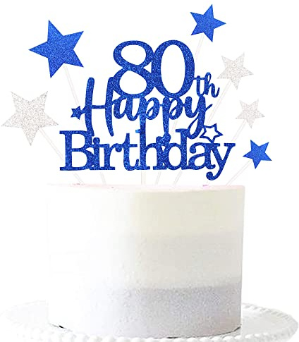 Pargleev Royal Blue 80th Birthday Cake Topper with Glittery Stars | 7-piece Royal Blue 80th set: 1 glittery 'Happy Birthday' topper + 6 star cupcake toppers; just place on the cake
