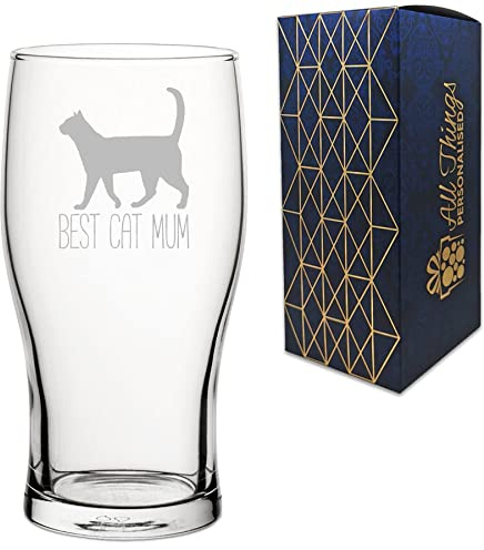 Engraved Novelty Pint Glass with Best Cat Mum Design, Laser Engraved, Gift Box Included, Gift for Mum, Birthday Gift, Cat Lover Gift, Funny Cat Gift, Add an Optional Personalised Message