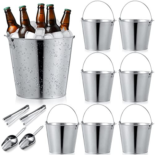 Mumufy 12 Pcs 10l Large Metal Beer Bucket 10.6 x 10.2 x 7.5'' with Ice Shovels and Tongs Galvanized Metal Ice Bucket Tin with Handle for Summer Pool Wedding Party Supplies Wine Champagne Bar